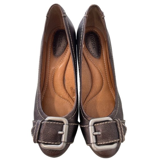 Fossil Wedge Heels Size 9 Buckle Strap Round Toe Slip On Leather Career Office - Picture 2 of 12